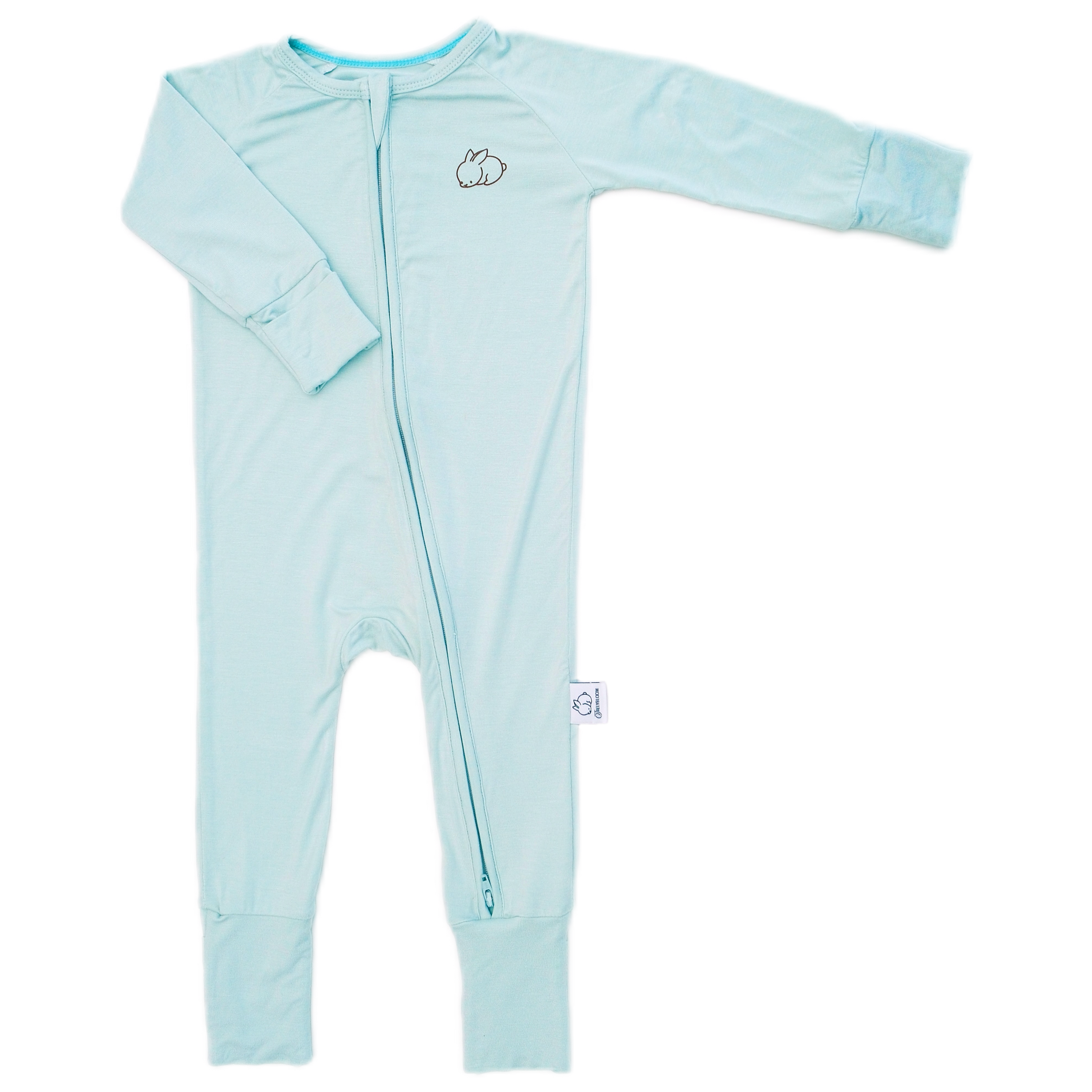 Light blue baby onesie with a small design on a white background